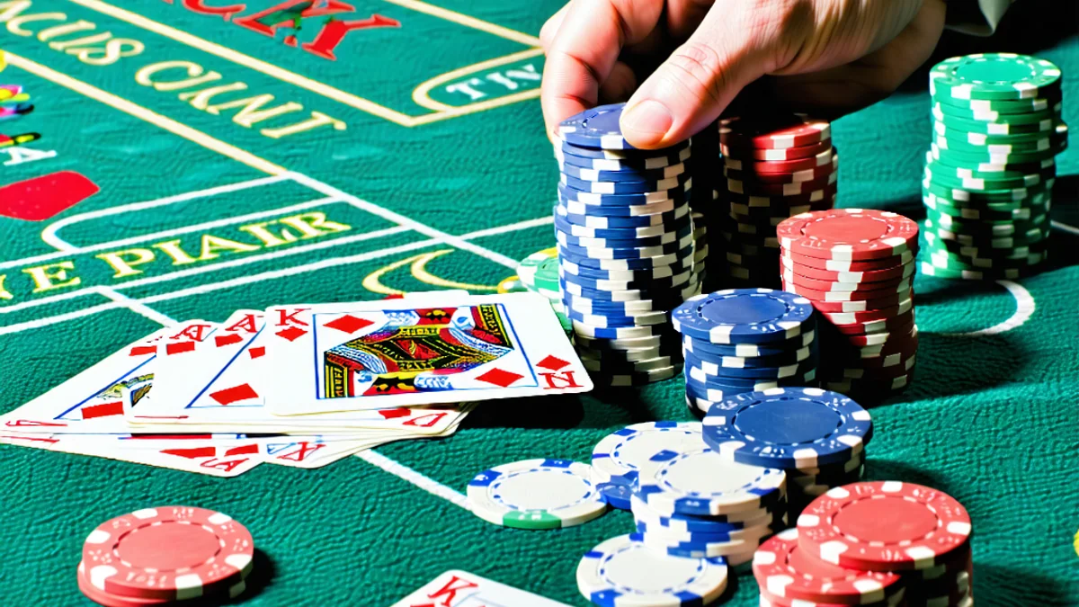 Hình ảnh cận cảnh một bàn Blackjack trực tuyến với các lá bài được chia, chip cược và màn hình giao diện người chơi tại J88