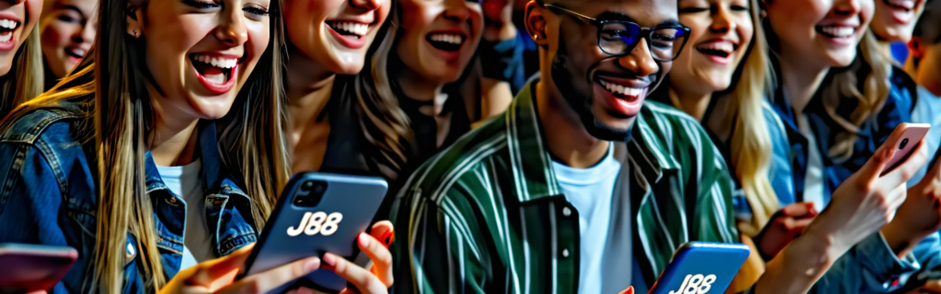 Hình ảnh một nhóm người đang vui vẻ theo dõi trận đấu thể thao trên điện thoại và máy tính bảng, với logo J88 nổi bật
