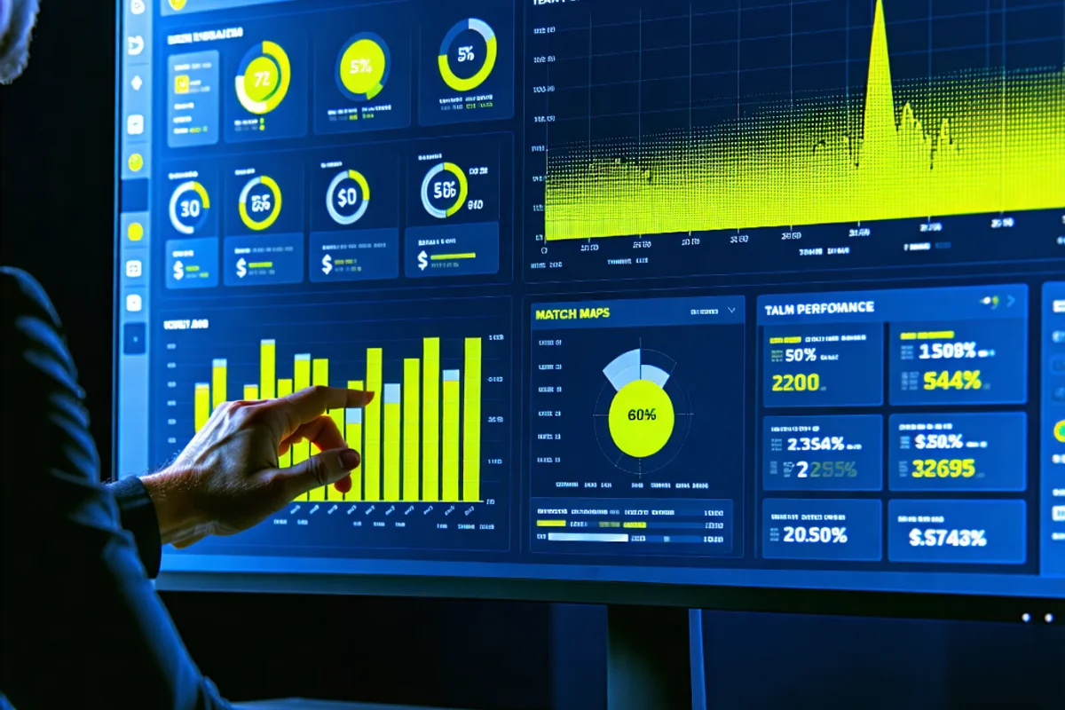 Màn hình máy tính hiển thị biểu đồ thống kê, số liệu phân tích trận đấu bóng đá chi tiết, với logo J88 tinh tế ở góc màn hình.