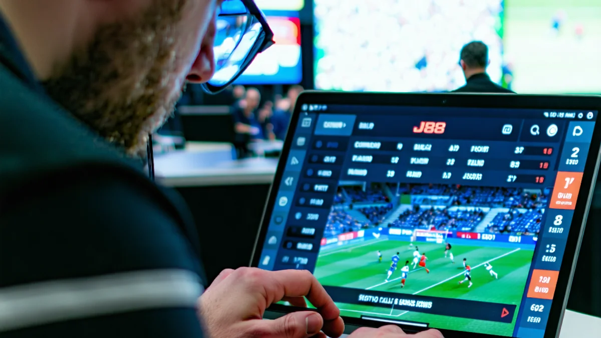 Một người đang sử dụng máy tính bảng để đặt cược bóng đá trực tiếp trên giao diện J88, màn hình hiển thị các tỷ lệ kèo và biểu đồ phân tích.