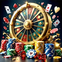 Biểu tượng nhiều loại vé số và vòng quay may mắn màu vàng trên nền đen, tượng trưng cho sự đa dạng trò chơi xổ số tại J88.