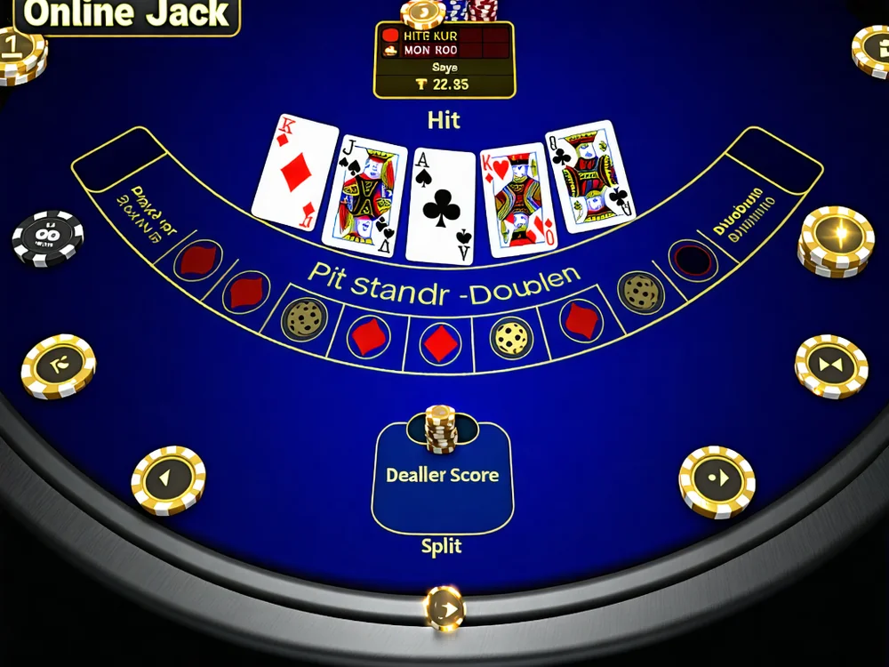 Giao diện người dùng Blackjack trực tuyến của J88 hiển thị các tùy chọn cược, điểm số và các nút hành động như rút, dừng, gấp đôi, tách bài