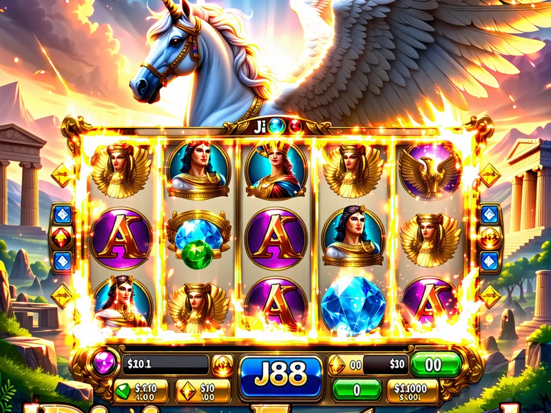 Hình ảnh trò chơi Divine Fortune tại J88 với chủ đề Hy Lạp cổ đại, Pegasus và các nữ thần