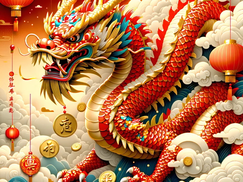 Hình ảnh trò chơi slot 'Vương Quốc Rồng' với rồng vàng và biểu tượng châu Á