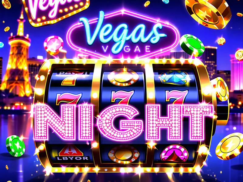 Hình ảnh trò chơi slot 'Đêm Vegas' với đèn neon và biểu tượng sòng bạc