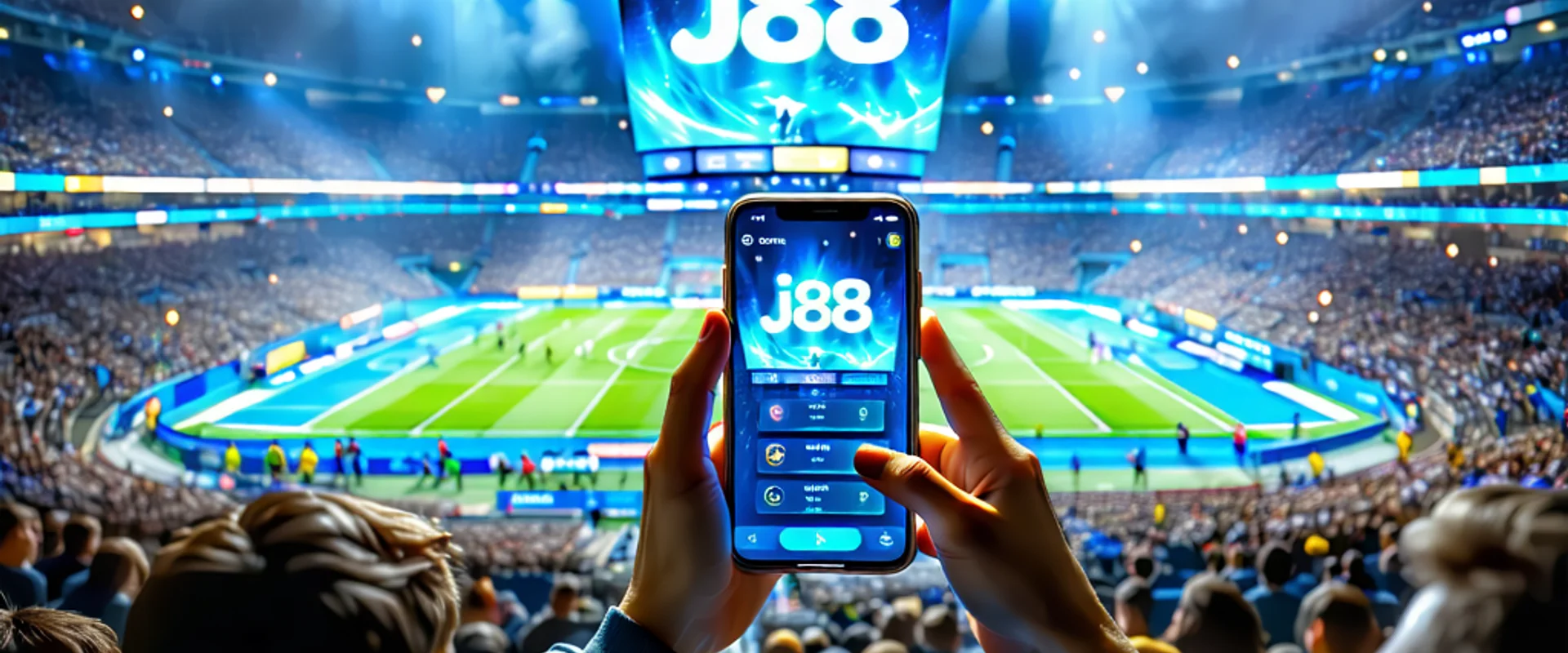 Hình ảnh banner J88 với sân vận động sôi động và người chơi cá cược