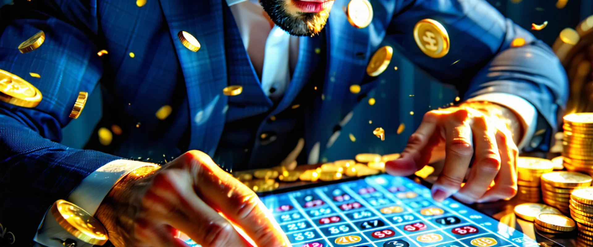 J88: Người chơi đang nghiên cứu các con số xổ số và biểu đồ thống kê với ánh sáng vàng nổi bật trên nền xanh đậm, thể hiện sự tập trung và hy vọng.