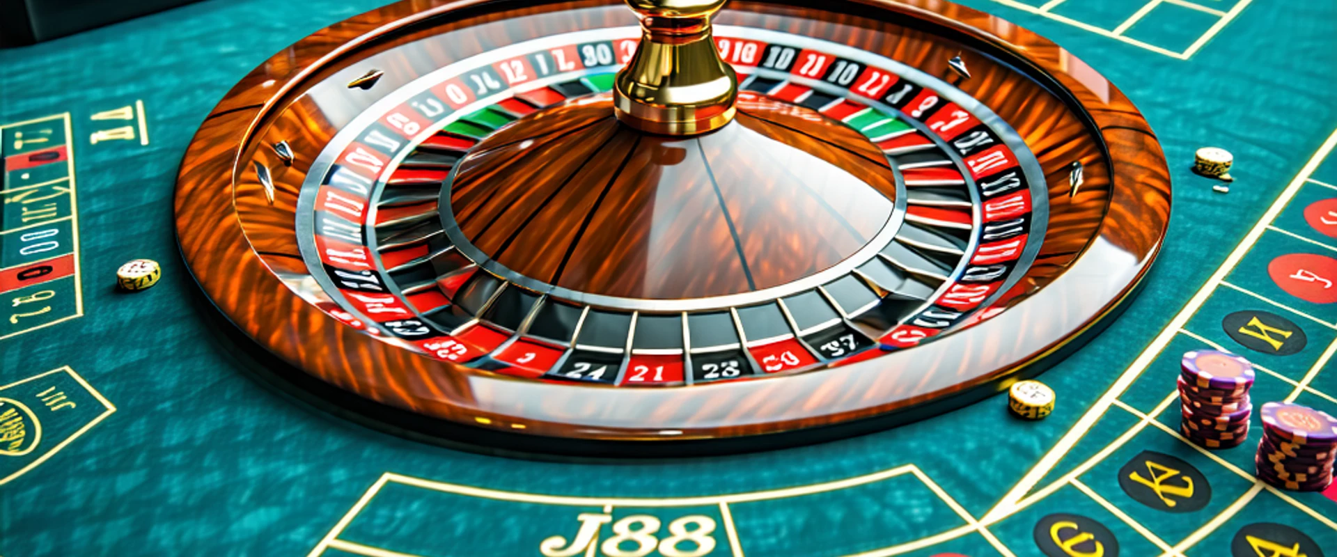 Bàn Roulette sang trọng với chip và bánh xe quay tại J88