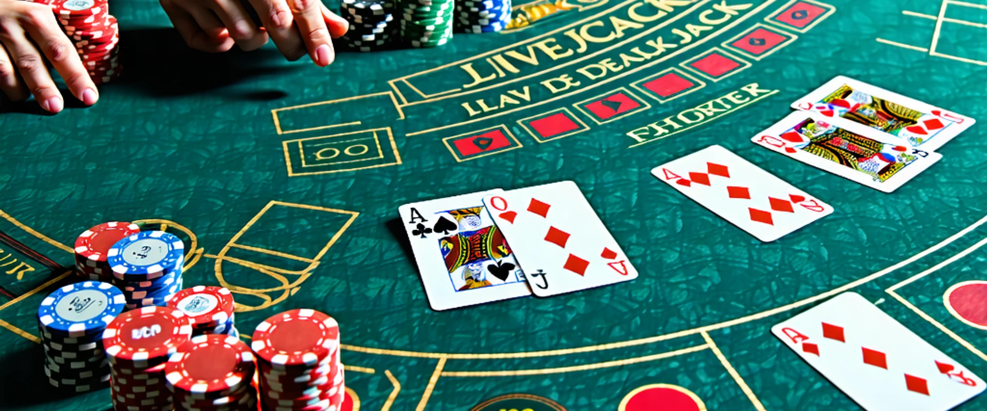 Bàn Blackjack trực tuyến J88 với người chia bài chuyên nghiệp và các lá bài đang được chia, tạo không khí sòng bạc sôi động