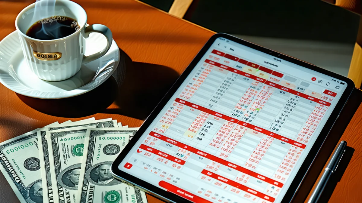 J88: Một bàn làm việc với vé số, máy tính bảng hiển thị kết quả xổ số và một cốc cà phê, thể hiện việc nghiên cứu và phân tích số liệu.