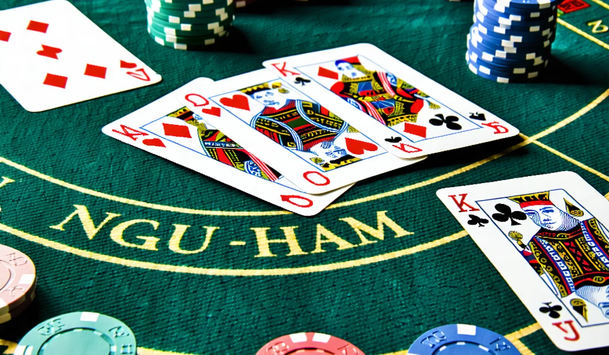 Bàn chơi Ngầu Hầm với các lá bài và chip cược tại J88