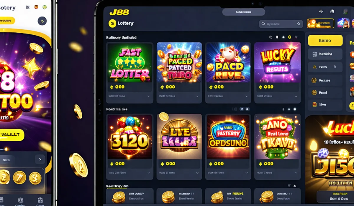 Giao diện nền tảng xổ số J88 thân thiện với người dùng, hiển thị các loại hình xổ số đa dạng và các con số may mắn.