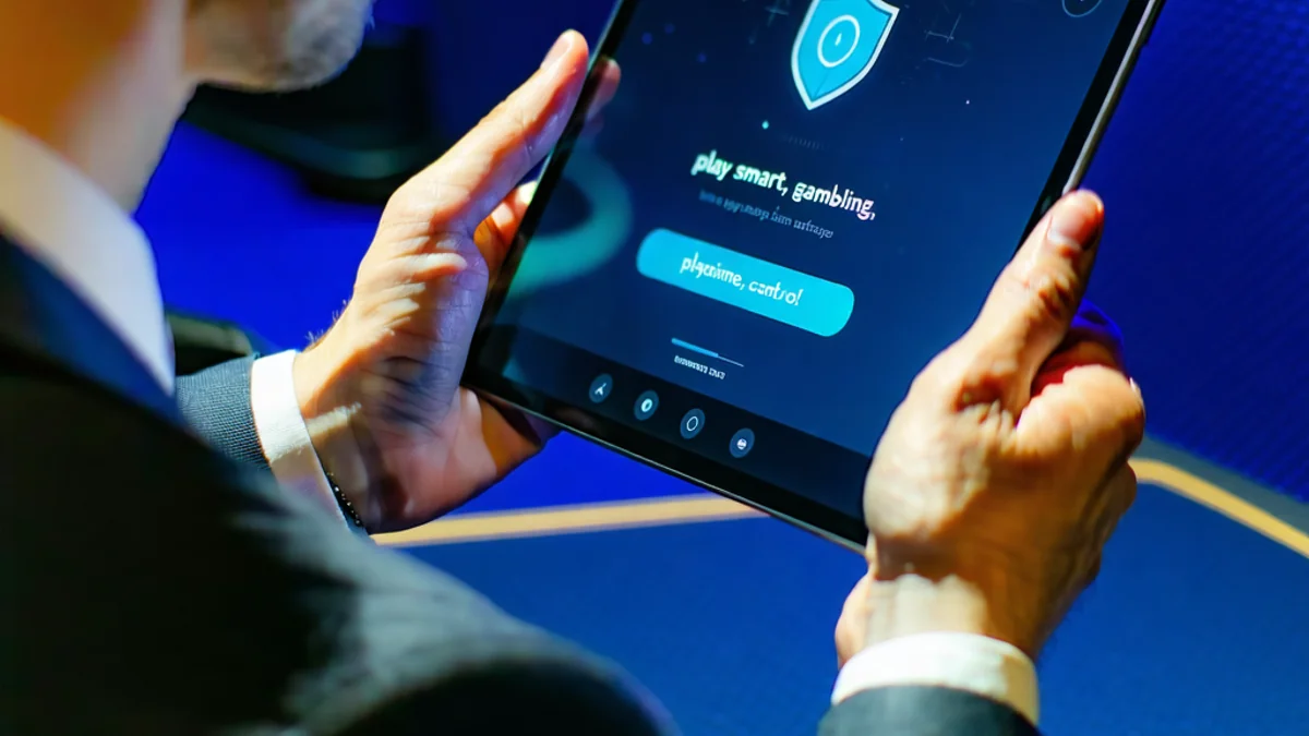 J88: Một người đang nhìn vào màn hình máy tính bảng hiển thị thông báo về cá cược có trách nhiệm, với biểu tượng lá chắn an toàn và đồng hồ đo thời gian chơi.