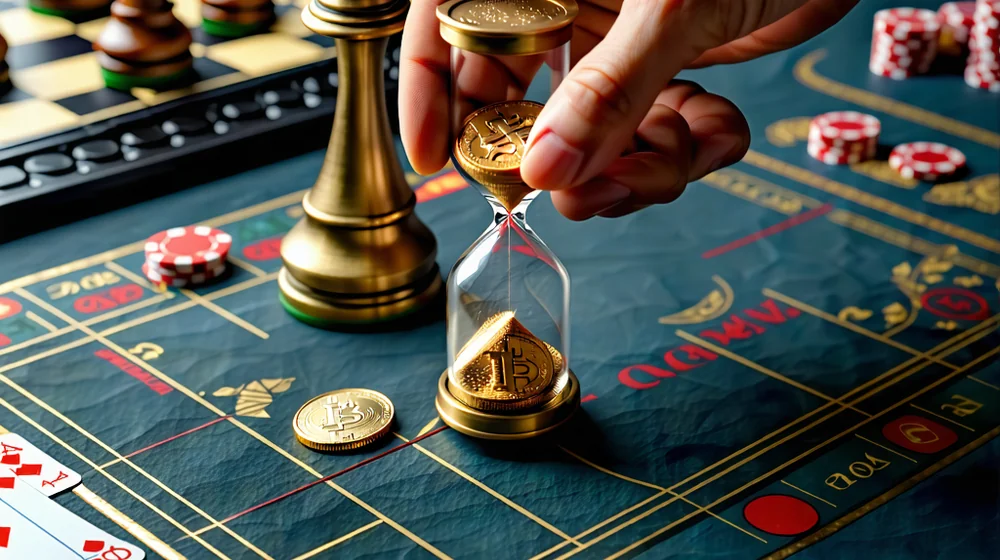 Hình ảnh đồng hồ cát và bàn tay đang giữ một đồng xu, tượng trưng cho việc quản lý thời gian và tài chính khi chơi game có trách nhiệm tại J88.