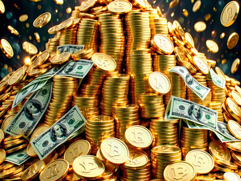 Hình ảnh một đống tiền vàng hoặc ví đầy tiền, tượng trưng cho phần thưởng tích lũy từ hoàn trả J88