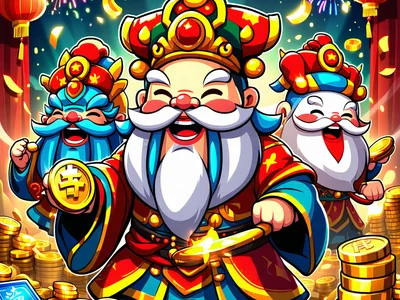 Hình ảnh trò chơi slot 'Đại Chiến Thần Tài' với các vị thần may mắn và đồng tiền vàng