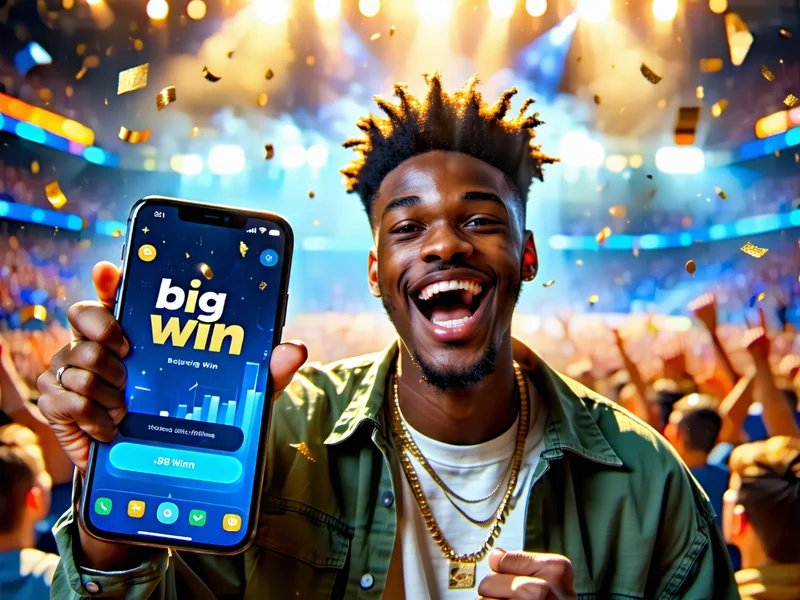 Người chơi J88 ăn mừng chiến thắng lớn trong cá cược thể thao, với màn hình hiển thị tỷ số và logo J88