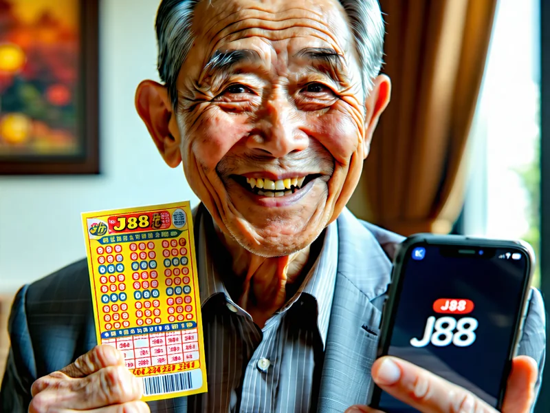 Hình ảnh ông An, một người chơi J88 lớn tuổi, vui vẻ cầm vé số trúng thưởng và điện thoại.