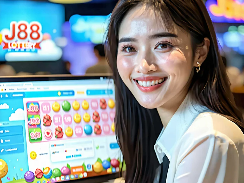 Hình ảnh cô Hoa, một phụ nữ trẻ, đang tươi cười bên chiếc máy tính xách tay hiển thị giao diện xổ số J88.