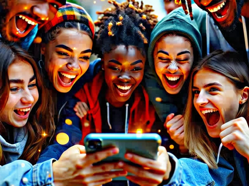 Hình ảnh một nhóm bạn trẻ đang cùng nhau xem kết quả xổ số trên điện thoại, vẻ mặt phấn khích.