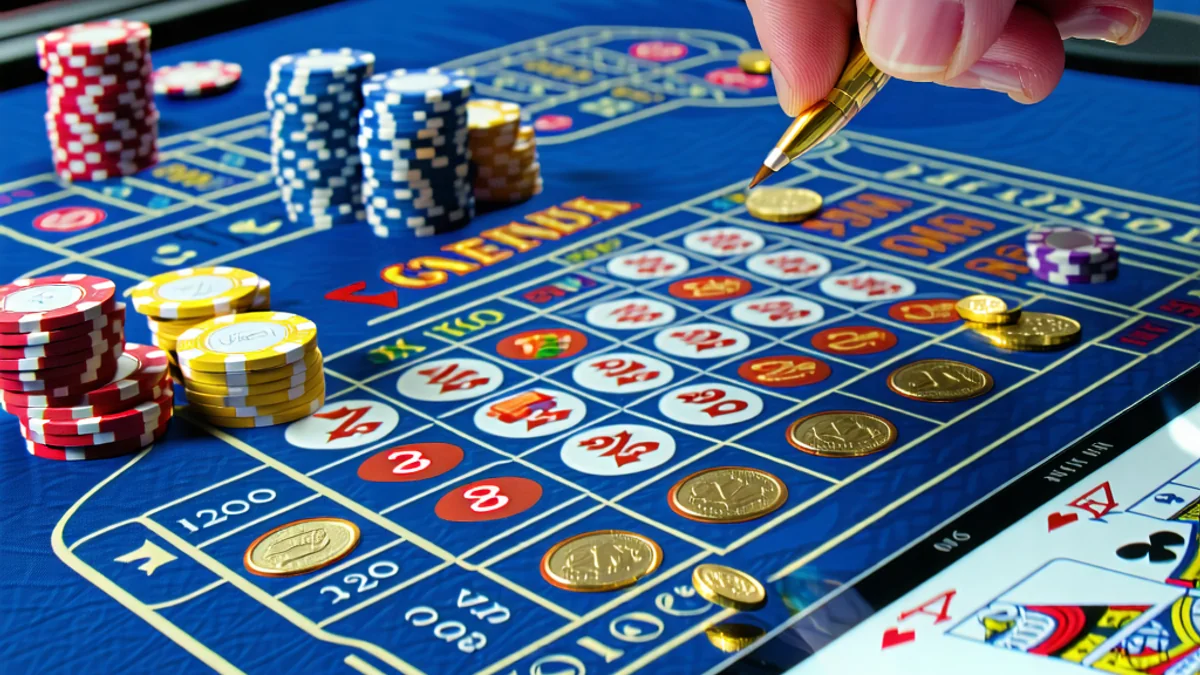 Hình ảnh minh họa người chơi đang sử dụng máy tính bảng để nghiên cứu chiến lược chơi slot, với các biểu tượng tiền xu và thẻ bài